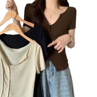 Damen Kurzarm V-Ausschnitt Top mit markantem Nahtdetail Heidi-Mode