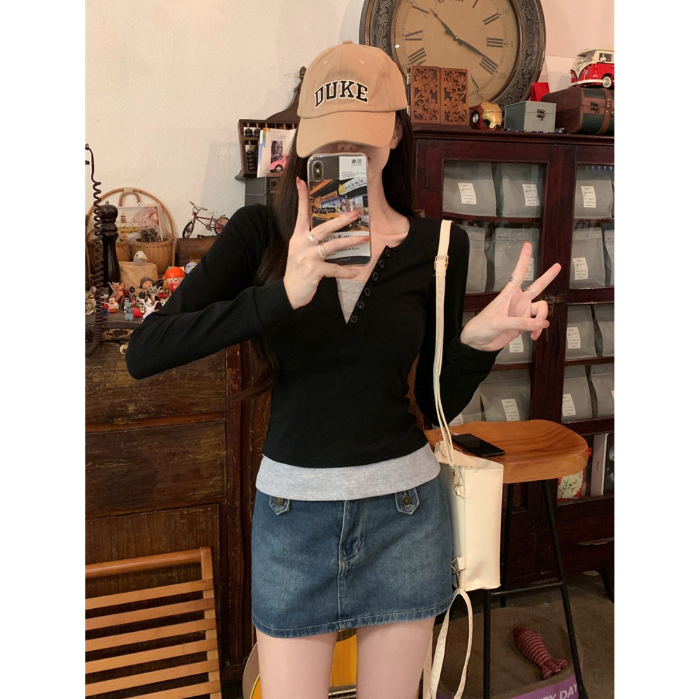 Femme Langarm Geschichteter Henley Oberteil Heidi-Mode