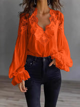 Damen Bluse Mit Langen Puffärmeln Und Spitze – Elegantes Vintage Oberteil in Orange