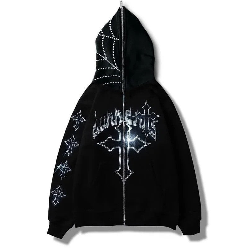 Femme Graphic Zip-Up Hoodie mit verziertem Spinnennetz-Design Heidi-Mode