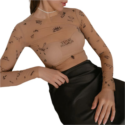 Anastasia - Langarm-Top aus transparentem Mesh-Stoff