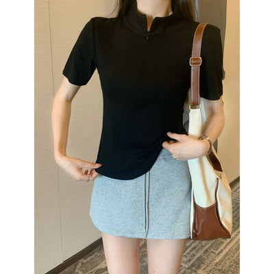 Femme Kurzarm Reißverschluss-Hals Top Heidi-Mode