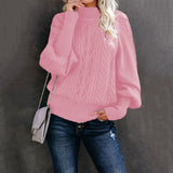 Damen nan Zopfmuster-Strickpullover mit Rollkragen und Ballonärmeln Drune in Rosa