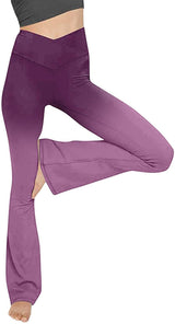 Damen nan taillenhohe Yogahose mit überkreuztem Bund und ausgestelltem Saum mit Schlitz Drune in Verlauf Violett