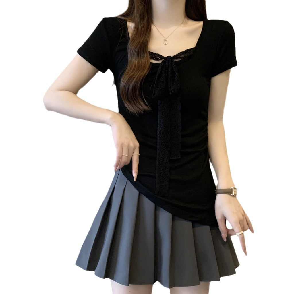 Femme Spitzen Detail Bindefront Oberteil Heidi-Mode