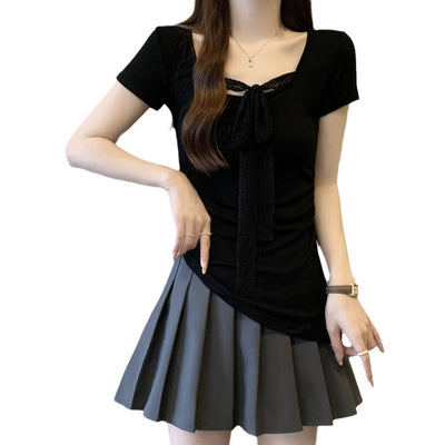 Femme Spitzen Detail Bindefront Oberteil Heidi-Mode