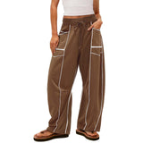 Damen nan weite Lounge-Hose mit Kordelzug, Kontrastpaspelierung und Cargo-Taschen Drune in Dunkelbraun