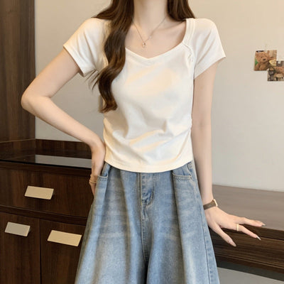 Damen Kurzarm V-Ausschnitt Tailliertes T-Shirt mit Texturiertem Stoff Heidi-Mode