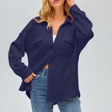 Damen nan oversized Waffelstrick Hemdjacke mit Brusttaschen und Knopfleiste Drune in Dunkelblau