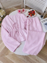 Damen nan gestreiftes Leinenähnliches Homewear-Set mit gerafftem Tunnelzugoberteil und elastischer Bundhose Drune in Rosa