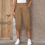 Damen nan lässige dreiviertellange Hose mit elastischem Bund, Eingrifftaschen und krempelbarem Saum Drune in Khaki