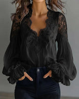 Damen Bluse Mit Langen Puffärmeln Und Spitze – Elegantes Vintage Oberteil in Schwarz