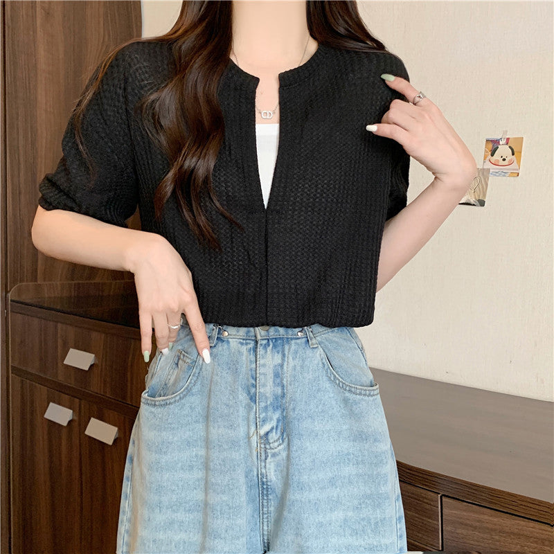 Femme Kurzarm Waffelstricktop mit Knopfdetails Heidi-Mode