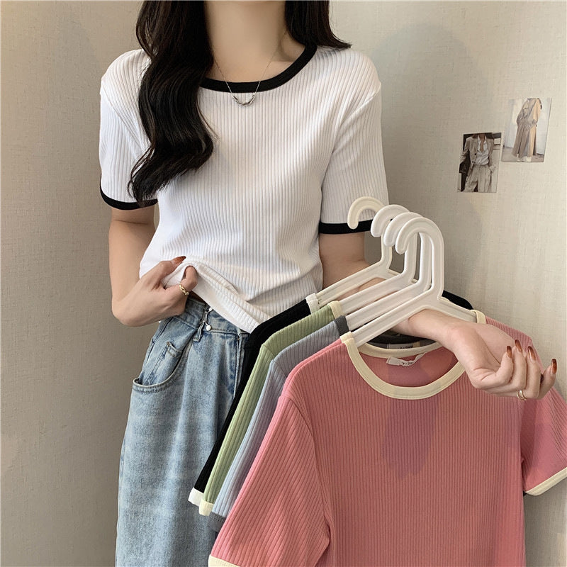 Damen Ripp T-Shirt mit kurzen Ärmeln und Kontrastbesatz Heidi-Mode