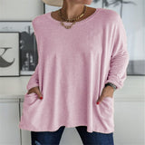 Damen nan oversized Longsleeve-Tunika mit Rundhalsausschnitt, überschnittener Schulter und aufgesetzten Taschen Drune in Rosa