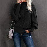 Damen nan Zopfmuster-Strickpullover mit Rollkragen und Ballonärmeln Drune in Schwarz