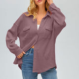 Damen nan oversized Waffelstrick Hemdjacke mit Brusttaschen und Knopfleiste Drune in Rauchviolett