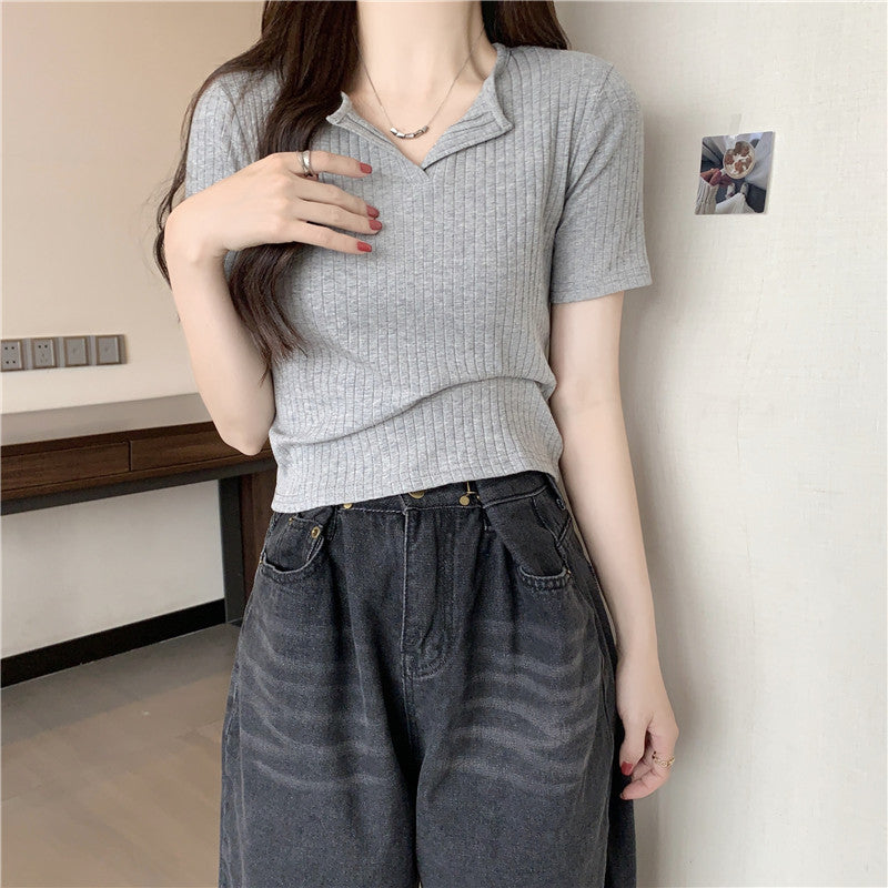 Femme Ripp Kurzarm Knopf-Oberteil Heidi-Mode