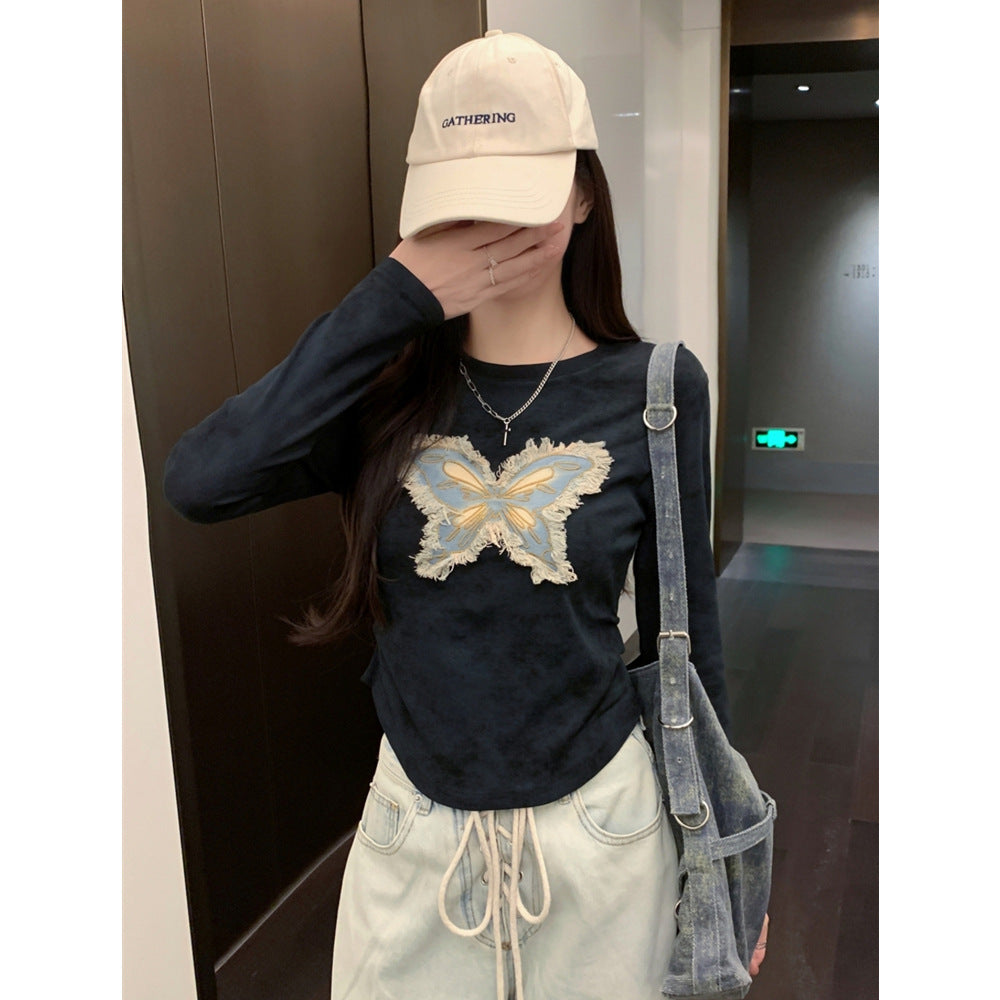 Damen Langarm-Schmetterlingsgrafik-Oberteil mit fransigen Details Heidi-Mode