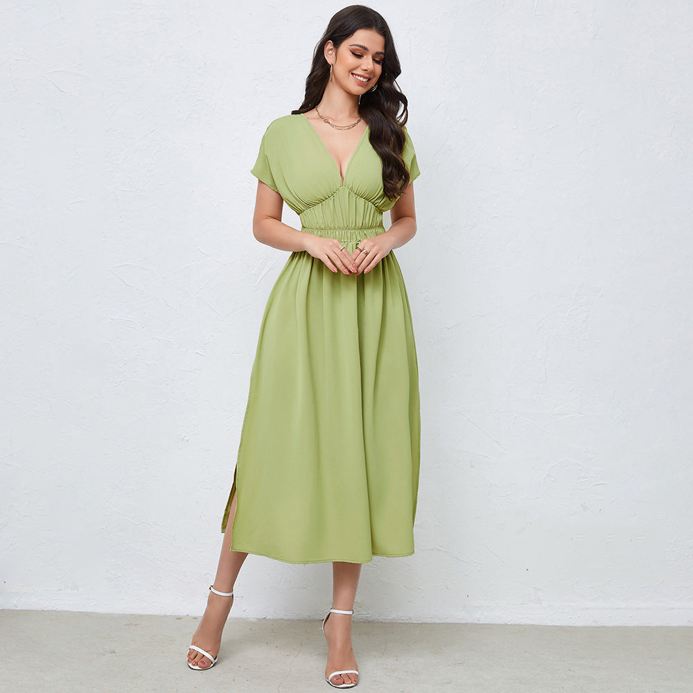 Kaila - Elegantes V-Ausschnitt Sommerkleid mit hohem Schlitz