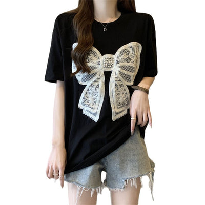 Damen Übergroßes Grafik T-Shirt mit Spitzenbogen-Verzierung Heidi-Mode