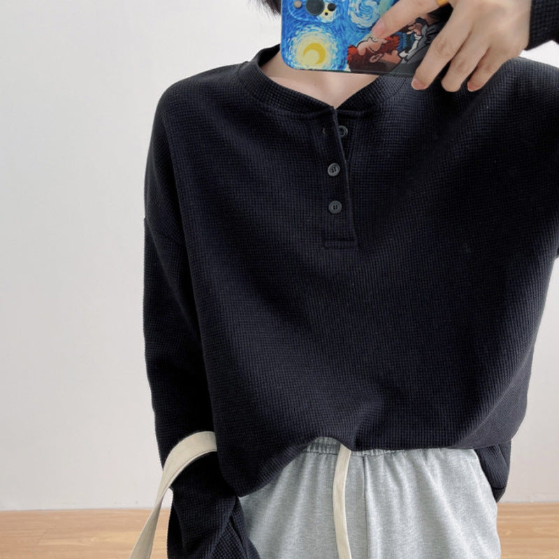 Damen Langarm Waffelstricktop mit Knopfdetail Heidi-Mode