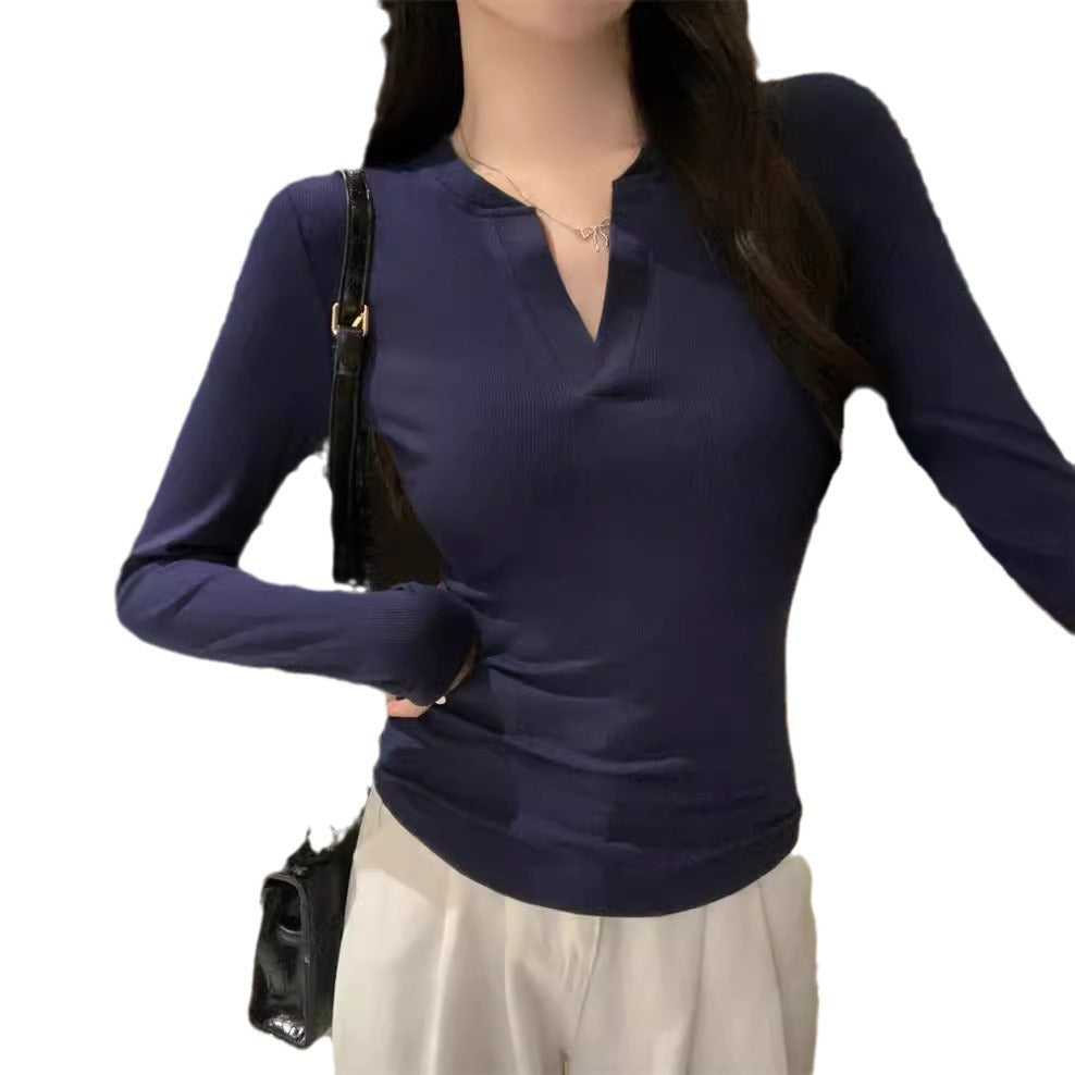 Damen Ripp Longsleeve Henley Top mit modernem V-Ausschnitt Heidi-Mode