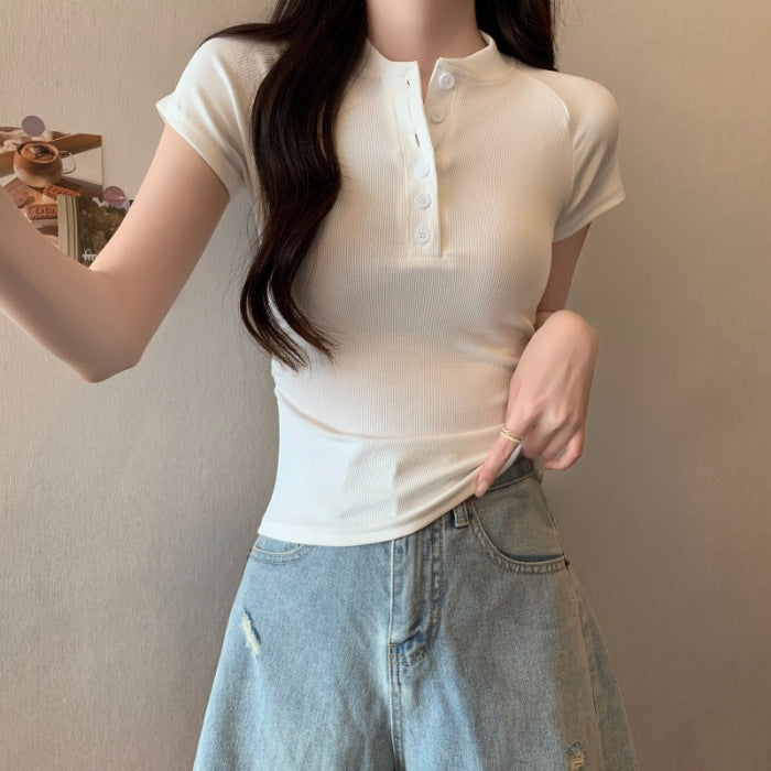 Femme Rippstruktur Knopf-Oben Kurzarmtop Heidi-Mode