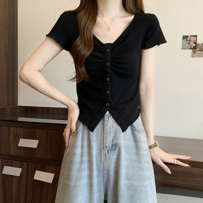 Femme Kurzarmknopf-Oben gerafftes Top mit V-Ausschnitt Heidi-Mode