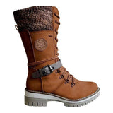 Damen nan gefütterte Schnürstiefel mit gestricktem Schaftbund, dekorativem Schnallenriemen und profilierter Gummisohle Drune in Tiefbraun