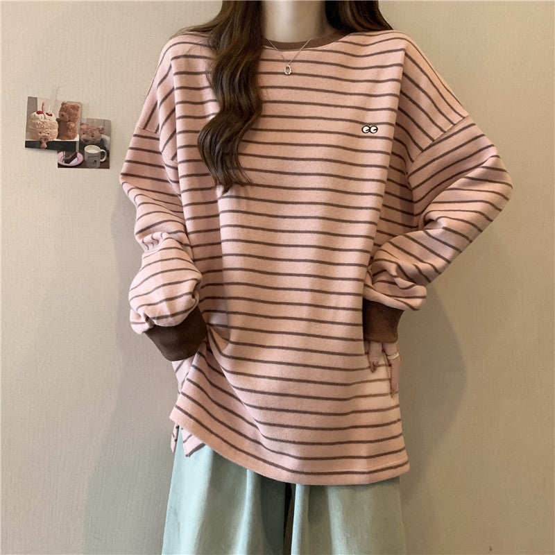 Femme Relaxed Gestreifter Rundhalsausschnitt Sweatshirt Heidi-Mode