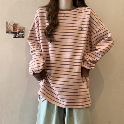 Femme Relaxed Gestreifter Rundhalsausschnitt Sweatshirt Heidi-Mode