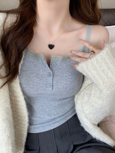 Femme Spitzenbesetzte Knopfverschluss-Camisole Top Heidi-Mode