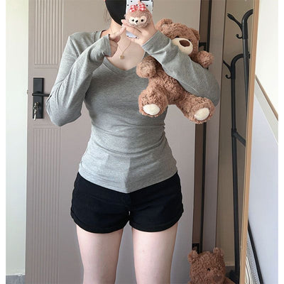 Damen Langarm V-Ausschnitt Figurumspielendes Top Heidi-Mode