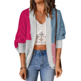 Damen nan lässige Strickjacke im Patchwork-Stil mit offener Front und 3/4-Ärmeln Drune in Magenta