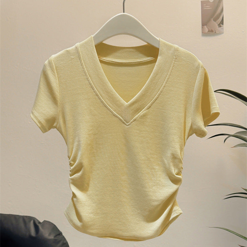 Femme Kurzarm Raffung V-Ausschnitt Oberteil Heidi-Mode