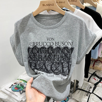 Femme Grafik Spitze Detail T-Shirt Heidi-Mode