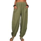 Damen nan lockere Leinenhose mit weitem Bein elastischem Bund und großen aufgesetzten Taschen Drune in Militärgrün