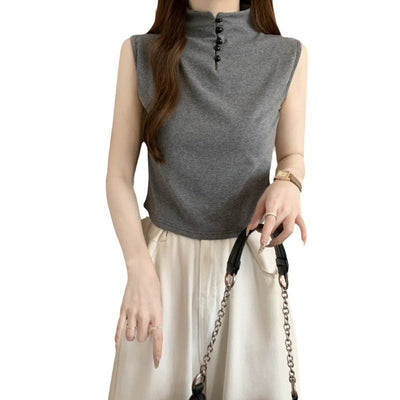 Femme Mock Neck Ärmelloses Oberteil mit Knopfdetail Heidi-Mode