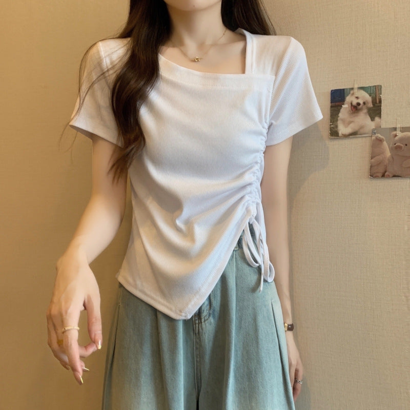 Damen Raffung seitliche Bindung T-Shirt mit quadratischem Ausschnitt Heidi-Mode