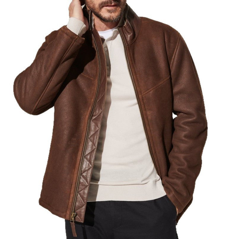 Herren Robuste Lederjacke mit Steppdetails und hohem Kragen Aliams