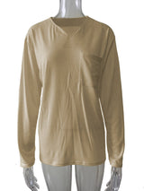 Damen nan legeres Langarmshirt mit V-Notch-Ausschnitt, Brusttasche und lockerer Oversize-Passform Drune in Khaki mit Tasche, Langarm