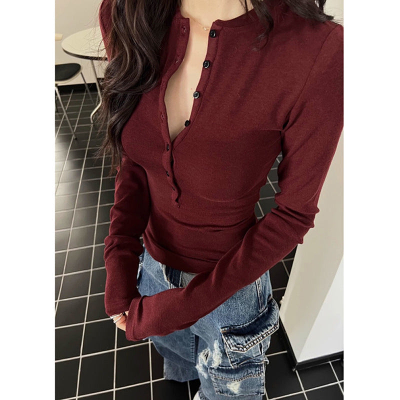 Damen Langarm Button-Up Henley Top mit Daumenlöchern und Hochbund-Sweatpants Heidi-Mode