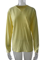 Damen nan legeres Langarmshirt mit V-Notch-Ausschnitt, Brusttasche und lockerer Oversize-Passform Drune in Ohne Taschen - Gelb Langarm