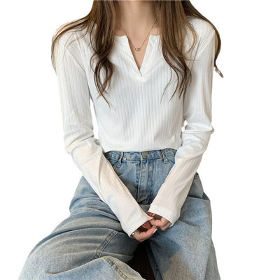 Femme Ripp Longsleeve V-Ausschnitt Top mit eleganten Falten Heidi-Mode