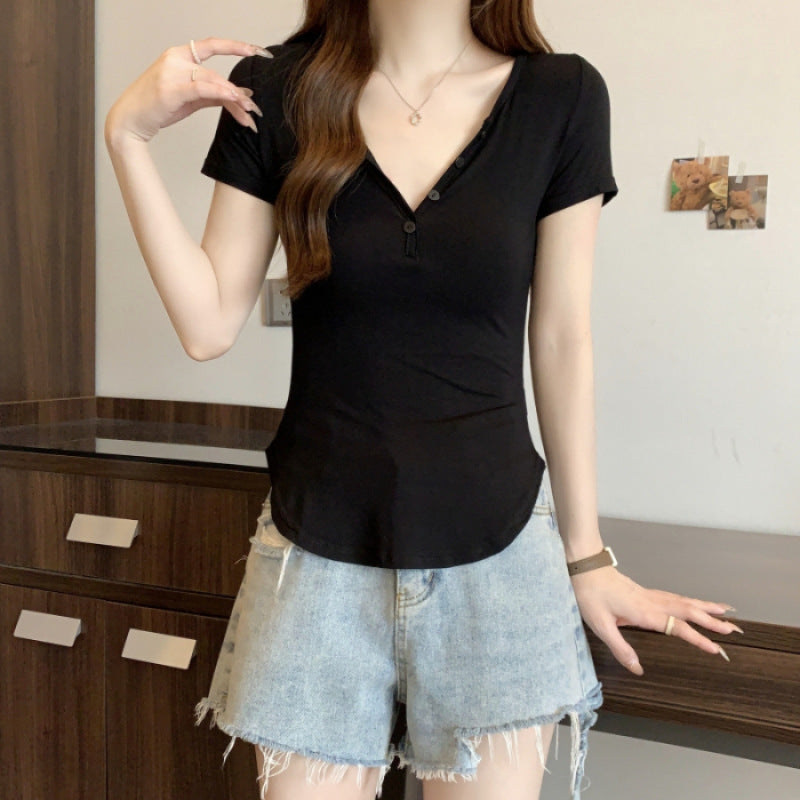 Damen Kurzarm-Polo-Top mit stylischem Knopfverschluss Heidi-Mode