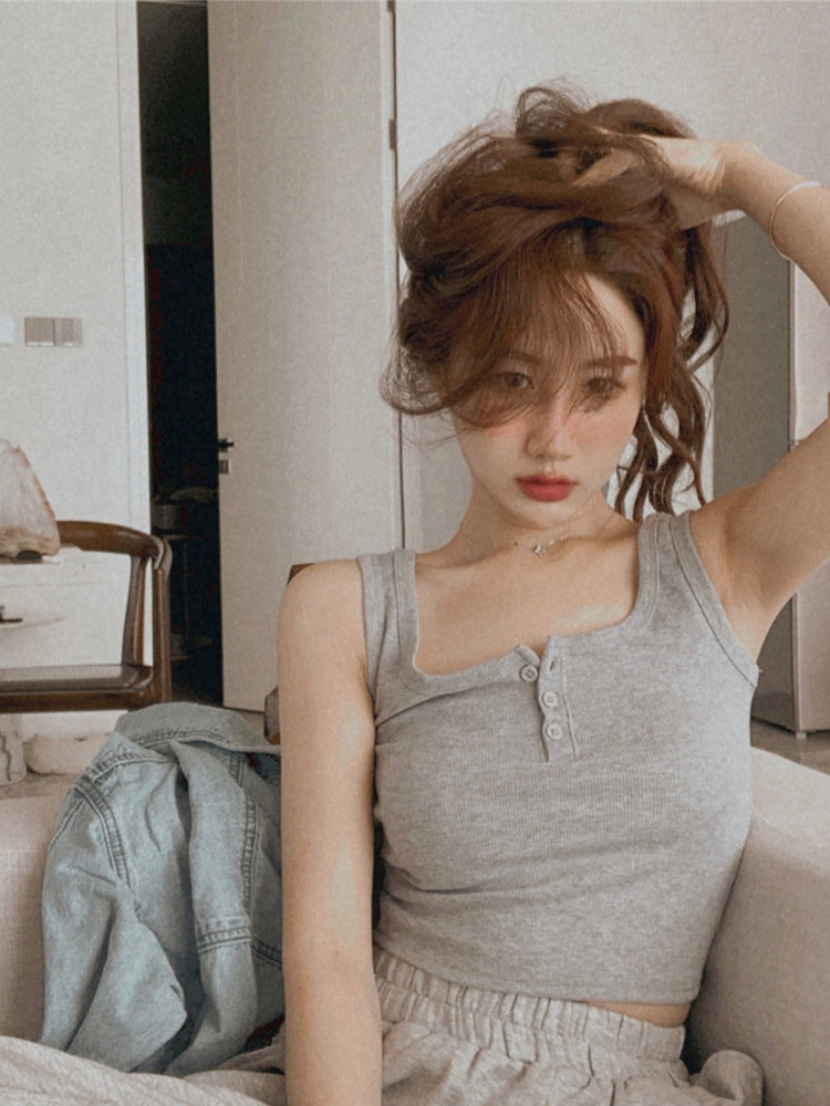 Femme Rippene Knopfen-Front Gekürztes Tanktop Heidi-Mode