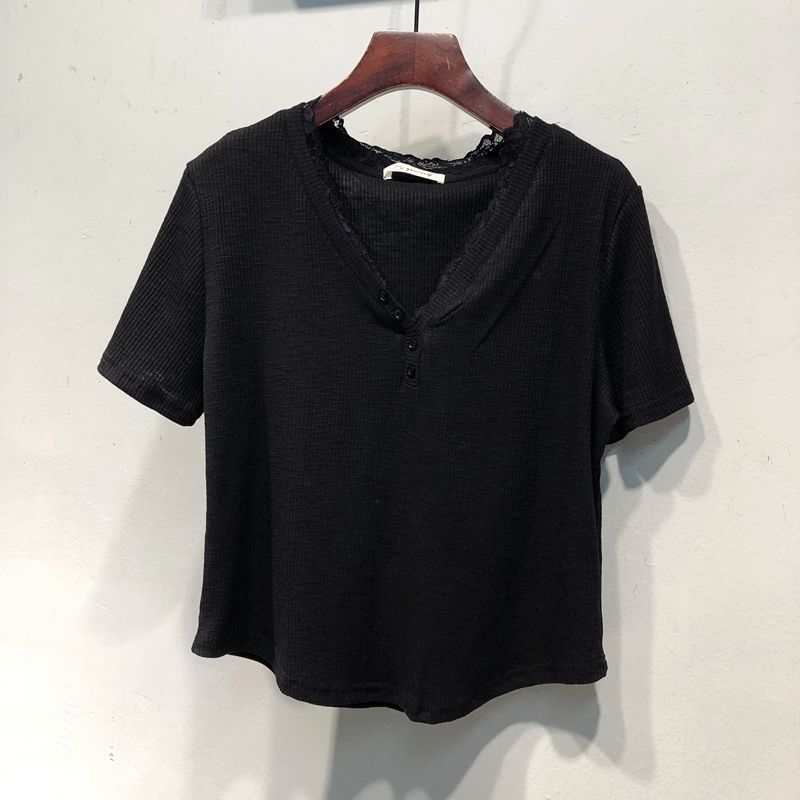 Femme Spitzenbesatz V-Ausschnitt Baumwoll-Tee Heidi-Mode