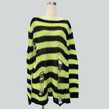 Damen nan Oversized Grobstrickpullover mit breiten Blockstreifen und aufgerissenem Design Drune in Langer Schnitt Neongrün