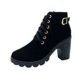 Damen nan elegante Schnür-Stiefelette mit mittlerem Blockabsatz, profilierter Gummilaufsohle und dekorativer Metallschnalle Drune in Schwarz